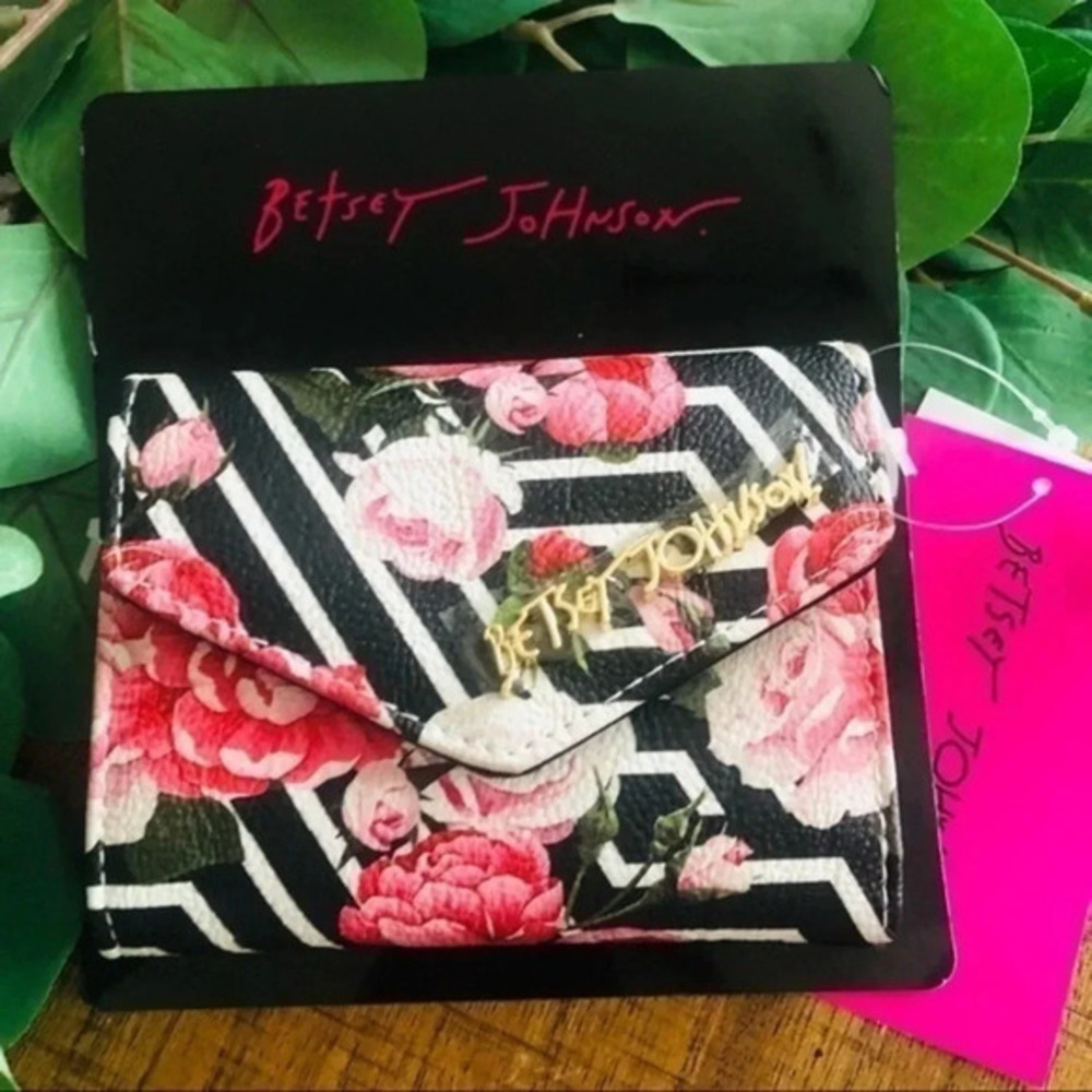 Betsey Johnson Floral Stripe Tri Fold Snap Wallet Heart Logo NWT